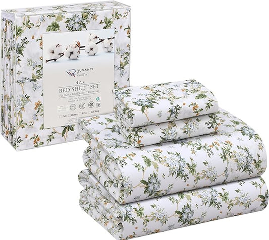 RUVANTI 100% Cotton Full Size Bed Sheets, 4 Pieces, Soft & Breathable Percale Weave Bedding, Deep Pocket 16", Hotel Standard, Crisp Cool Feel, Durable, Perfect Sheet Set Floral, Heritage
