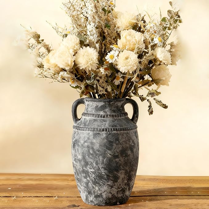Farmhouse Rustic Ceramic Vase with Handles, 11 inch Gray-White Textured Modern Terracotta Vintage Vases for Home Decor Centerpieces Table Pottery Barn Furniture Decorative (Tall - C)