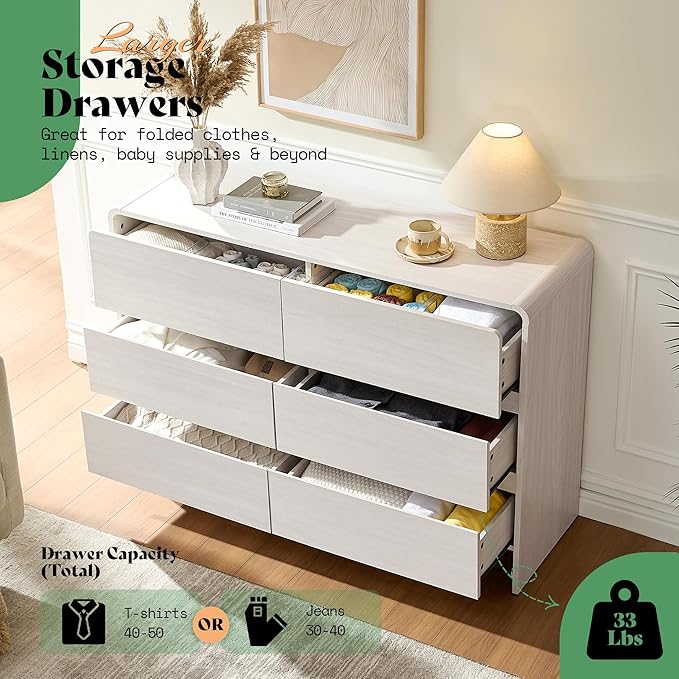 AMERLIFE 6 Drawer Dresser for Bedroom, 49" Wide Modern Chest of Storage Drawers with Rounded Corners, Anti-Tip Kit, Wood Cabinet Organizer for Closet, Living Room, Nursery, Easy Assembly, White