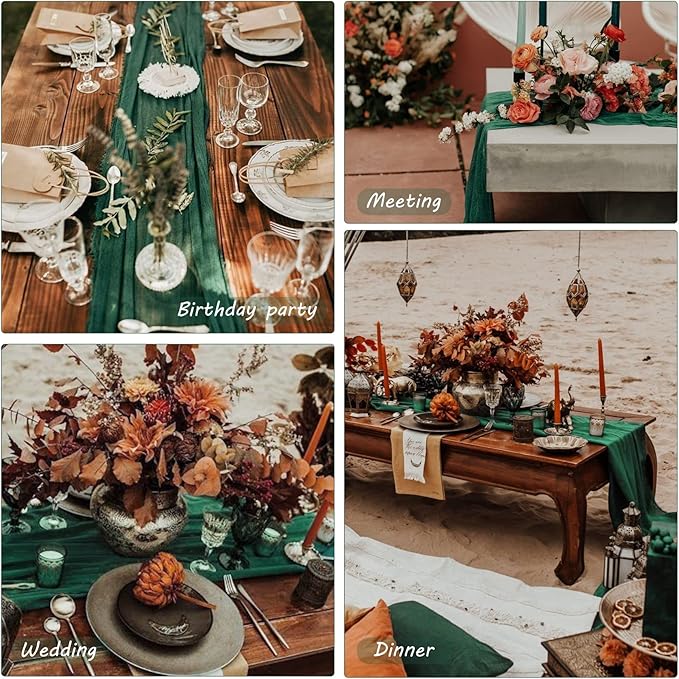 12 Pack 13Ft Cheesecloth Table Runner 35x157 Inch Boho Gauze Table Runner Cheese Cloth Long Rustic Table Runners for Wedding Bridal Shower Birthday Party Table Decor (Dark Green)