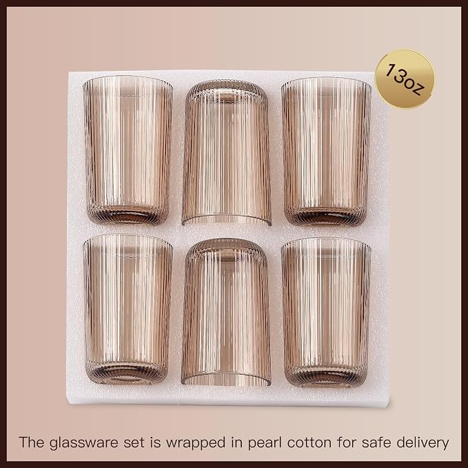 Gray Ribbed Highball Glasses Set of 6, 13.2oz Smokey Gray Colored Glassware, Drinking Glasses for Water, Juice, Iced Coffee, Cocktails, Glass Cups, Housewarming Christmas Gift