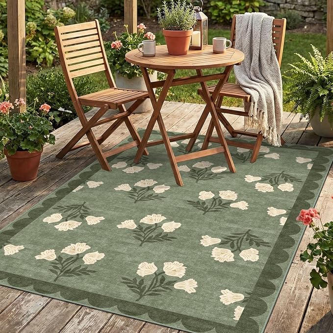 4x6 Covered Outdoor Patio Rug - Green Washable Front Porch Entry Rug Non-Slip Door Mat Indoor Outside Entrance Vintage Floral Scalloped Area Rug for Living Room Entryway Backyard Porch Decor