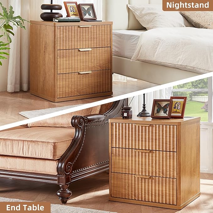 LEYAOYAO Fluted Nightstand with Charging Station, 23" Modern Night Stand with Woodgrain Top, 3 Drawers End Table w/Storage, Bedside Tables for Bedroom, Living Room, Curved Profile Design,Brown