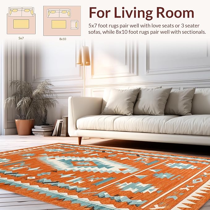 Flatwoven High Traffic Area Rug 6x9, Sunset Canyon Burnt Orange Tribal Diamond Rug, Non Slip, Stain Resistant, Washable Area Rugs for Living Room, Bedroom (Orange, 6x9)