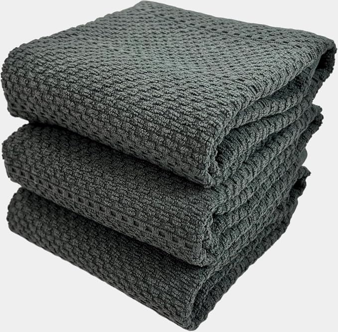 Serafina Home Dark Grey Gray Kitchen Hand Dish Towels: Oversized 28" x 18",100% Cotton Cloth Soft Cleaning Drying Absorbent Textured Design, Set of 3 Multipurpose for Everyday Use (Dark Grey)