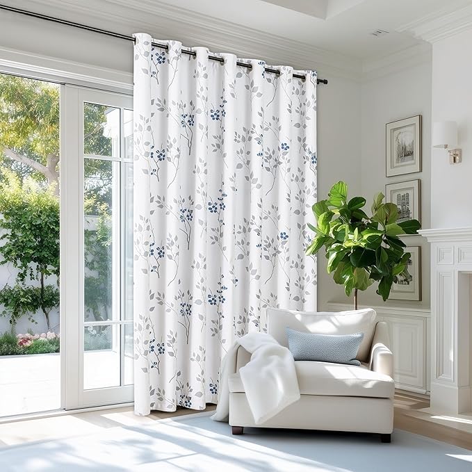 Beauoop Floral 100% Blackout Curtains 84 Inch Length 1 Panel for Patio Sliding Door Extra Wide Blue Grey Flower Patterned Divider Room Darkening Thermal Soundproof Grommet Window Drapes,100x84, 1 Set