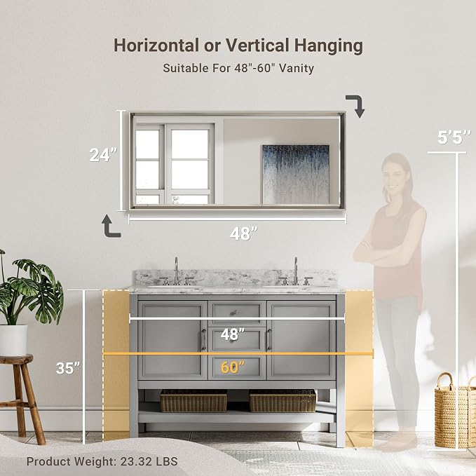 48 x 24 Brushed Nickel Bathroom Mirror, Beveled Framed Rectangle, Shatterproof Anti-Rust Vertical/Horizontal Wall-Mounted