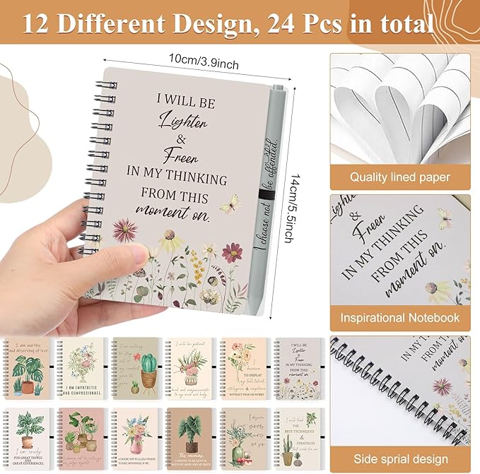 Kosiz 48 Pcs/24 Set Positive Affirmation Gifts Gratitude Spiral Notebooks with Pens Motivational Encouragement Notepads Daily Affirmations Journal for Women Valentine Galentine Gifts (Flower)