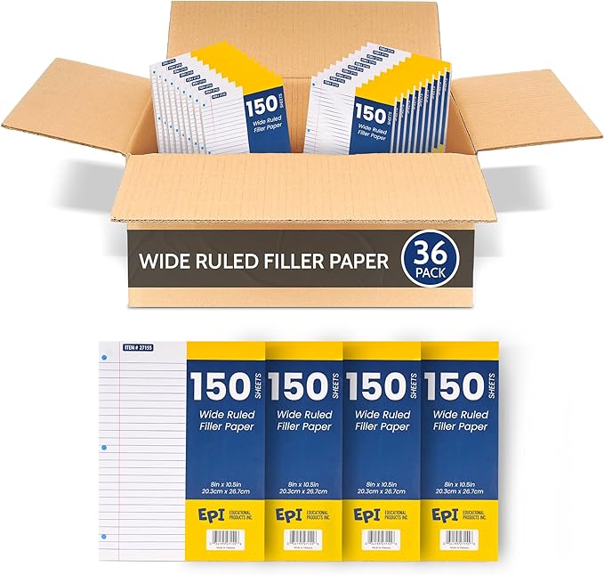 EPI Filler Paper | Wide Ruled | Loose Leaf, 3-Hole Punched, 10.5 x 8 in, 150 Sheets | School, Office, Notes, Binder Refill - 36 Pack