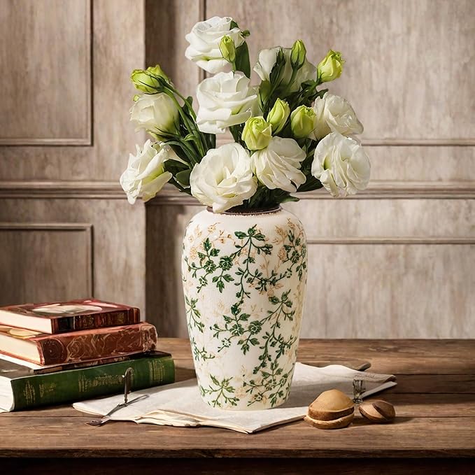 Vintage Green and Beige Flower Vase,Retro Chinoiserie Vase,Farmhouse Antique Decorative Ceramic Vases for Home Decor,Bookshelf, Dining Table, Coffee Table,Mantel,Grand Millennial Decor (H8.7 Inch)