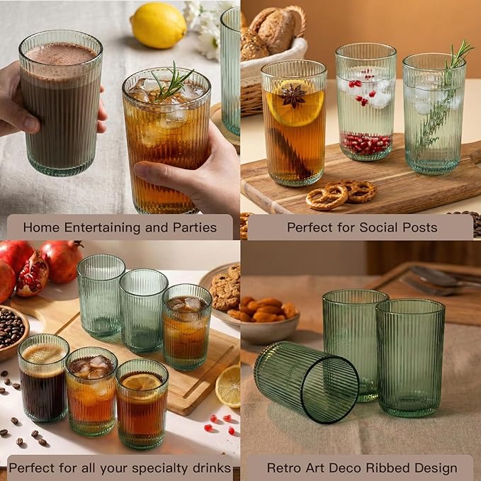 Green Ribbed Highball Glasses Set of 6, 13.2oz Sage Green Colored Glassware, Drinking Glasses for Water, Juice, Iced Coffee, Cocktails, Green Glass Cups, Housewarming Christmas Gift