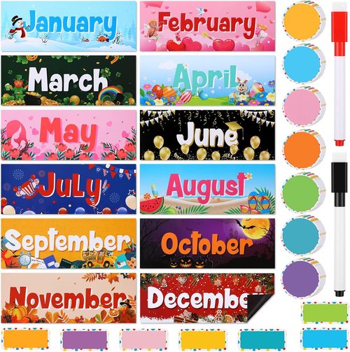 Geyee 52 Pcs Magnetic Holiday Monthly Headliners - 12 Month Headers & 31 Writable Accents