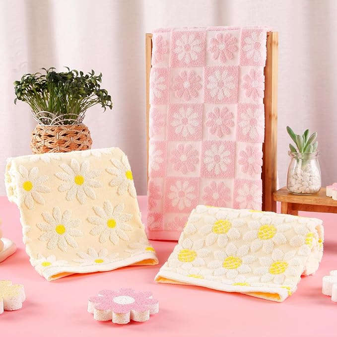 Quera 2 Pack Hand Towels Spring Summer Daisy Pink White Flower Checkered Bathroom Decorative Towels Set for Bath Kitchen Gift Guest Use 13.7'' x 29.5''
