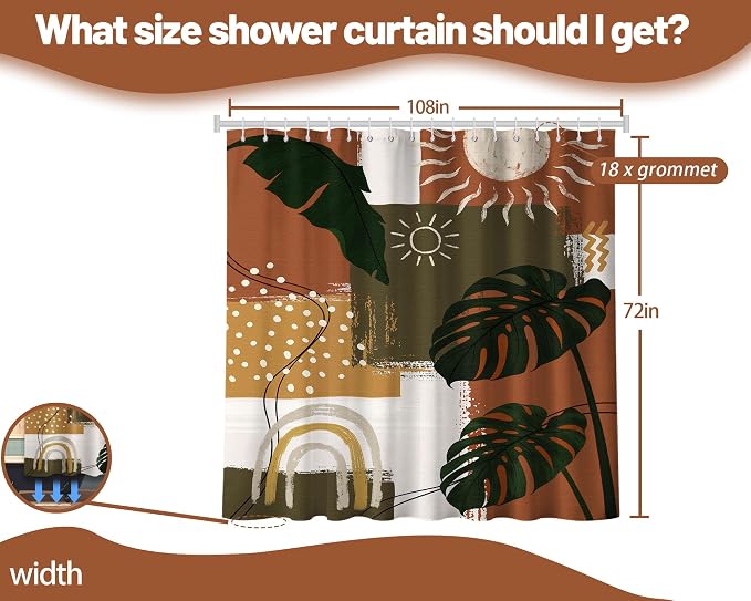 Extra Long Shower Curtain Extra Tall Mid Century Modern XL Abstract Tropical Leaf Shower Curtains for Large Bathroom Decor Sets, Waterproof Cloth Fabric with Hooks, 108x72 Inch