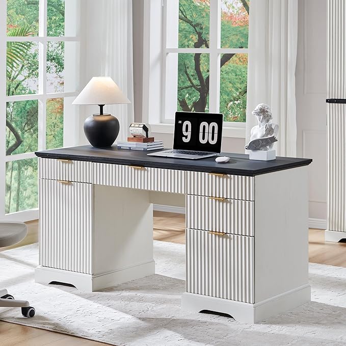 JXQTLINGMU 58" Modern Executive Desk with Storage, Wood Home Office Desk with 5 Drawers & 1 Cabinet, Fluted Computer Writing Desk for Study, Living Room, Bedroom, Antique White