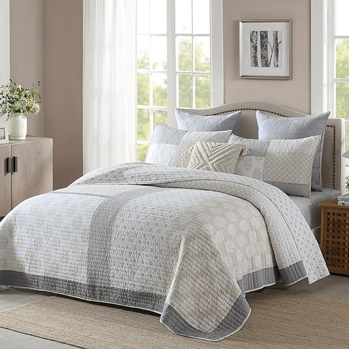 PANGUSHAN Quilt Set Queen Size, 100% Cotton Bedspread Quilt Bedding Set, Floral Patchwork Quilt Set for Queen Bed, Moonbeam Bed Spread, Lightweight Comforter Reversible Quilt, All Season, 3 Pieces