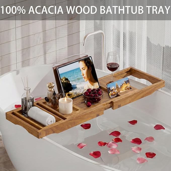 Acacia Wood Bathtub Tray Caddy,Foldable Bath Tray for Tub,Expandable Bath Table Trays,Bathtub & Bathroom Accessories for New Home & Mothers, Birthday Gifts for Mom