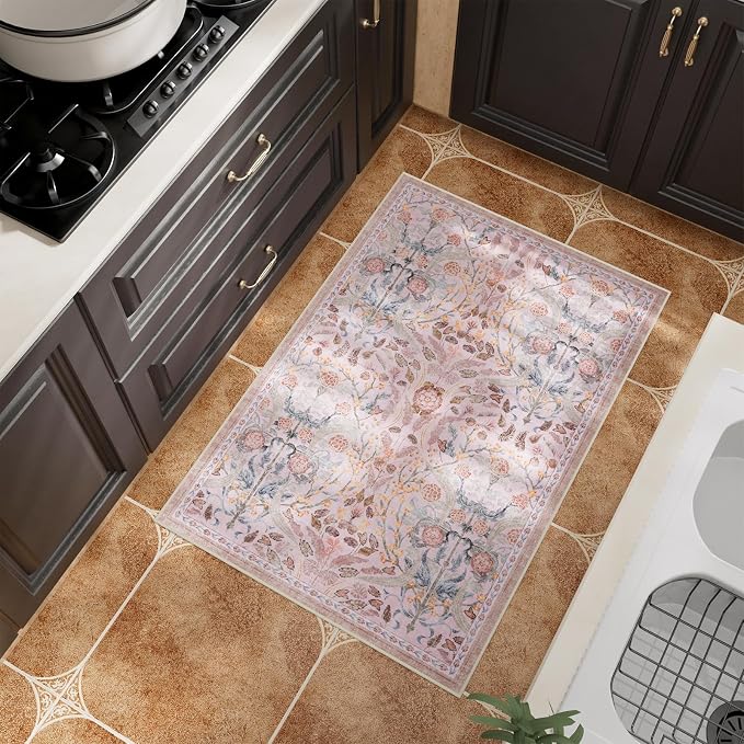 AMTOVO 2x3 Washable Entryway Area Rug Door Mat, Vintage Boho Floral Distressed Print Non-Slip Carpet, Small Throw Rug for Indoor Entrance Kitchen Bedroom Bathroom Laundry Floor, Pink