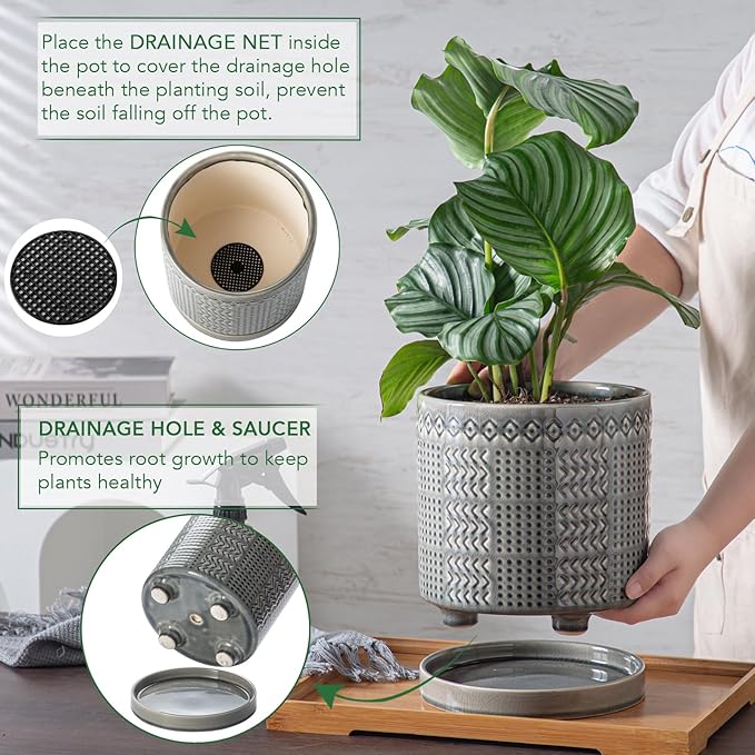 Indoor-Outdoor Ceramic Plant Pots: 8 Inch Flower Pots with Drainage Hole & Saucer - Decorative Ceramic Pots for Plants Herbs Succulents - Home Garden Patio Lawn Use