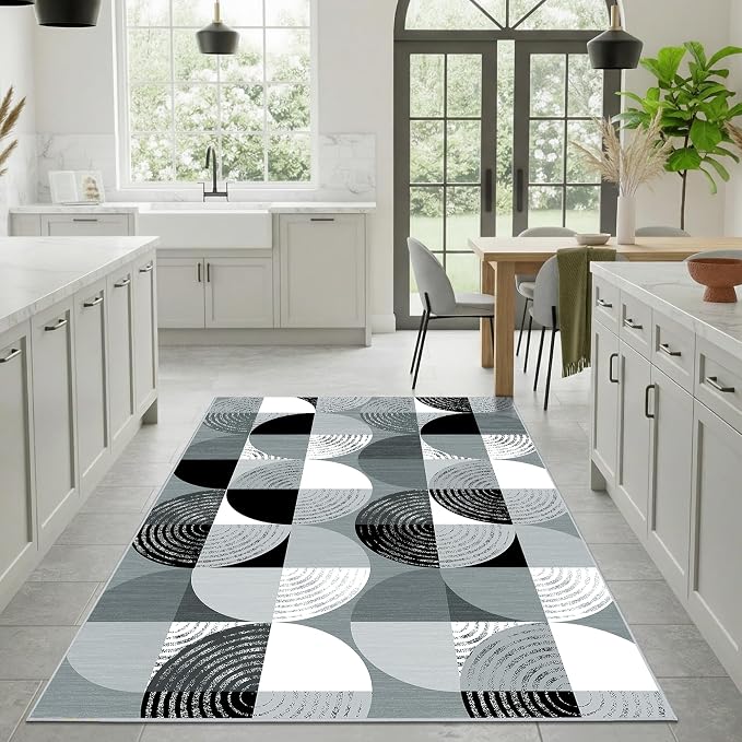 Merelax Large 4x6 Geometric Entryway Rug Indoor - Washable Non-Slip Low Pile Soft Area Rug for Entrance, Kitchen, Mudroom, Office, Modern Aesthetic Abstract Decor Thin Carpet, Black/Grey/White