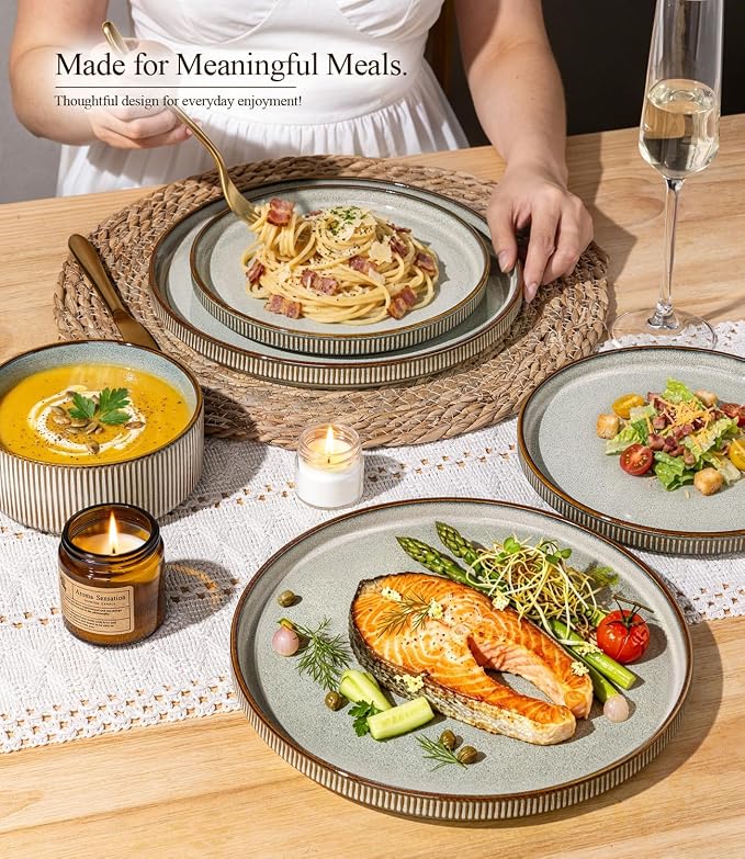 GBHOME 12-Piece Stoneware Dinnerware Set for 4 – Ribbed Ceramic Plates and Bowls, Scratch-Resistant, Microwave & Dishwasher Safe, Reactive Glaze, Reactive Glaze Green Wheat