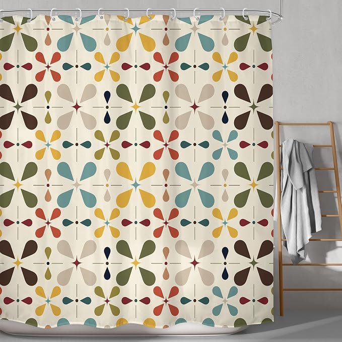 Boho Mid Century Shower Curtain Bathroom Set 71Wx71H Inches Modern Abstract Bohemian Vintage Colourful Geometric Retro Bath Accessories Water Drop Art Home Decor Fabric 12 Pack Hooks