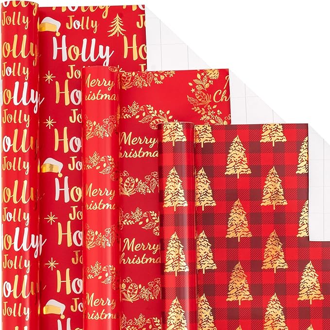 LeZakaa Red Gold Christmas Wrapping Paper Mini Roll, Christmas Tree Buffalo Plaid, Holly Jolly, Wreath Metallic Foil Holiday Gift Wrap, Arts Craft, for Xmas Winter Party, 17 x 120 inches, 3 Rolls