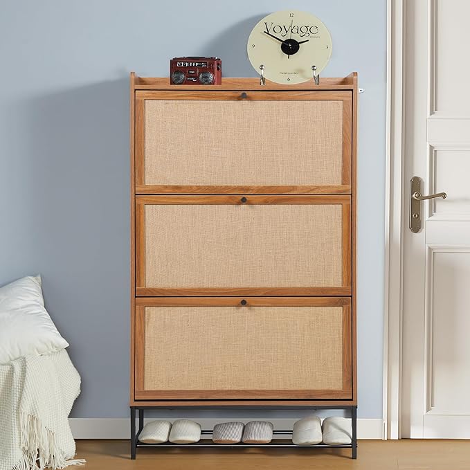 LEVNARY Shoe Cabinet for Entryway, Slim Shoe Cabinet with 3 Flip Drawers Narrow Shoe Storage Cabinet, 4 Tier Freestanding Shoe Organizer for Entryway, Hallway (2, Walnut)