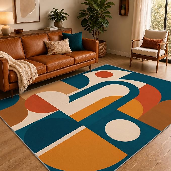 Mid Century Area Rug 5x7, Home Decor | Deep Teal Terracotta Arch Blocks, Retro Geometric Rug for Living Room, Bedroom, Home Office, Non Slip, Washable, Low Pile