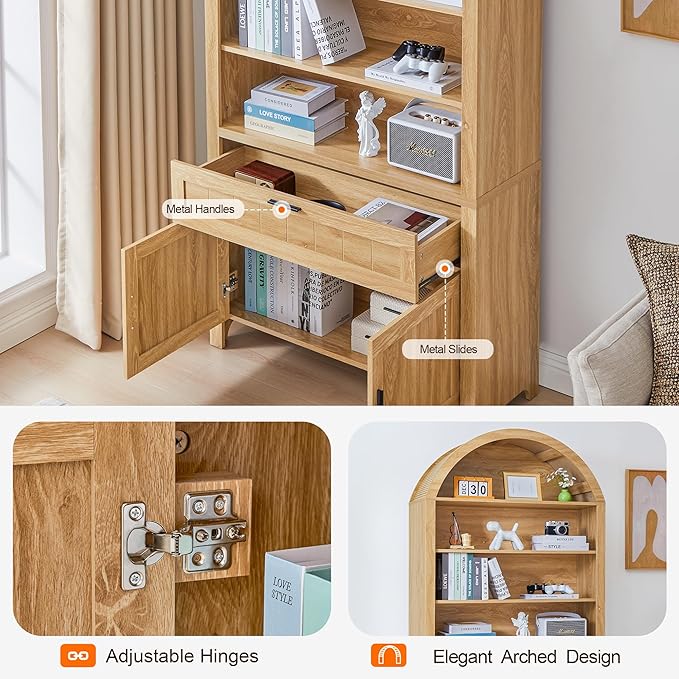 Turtle&Myrtle 73" H Large Arched Bookshelf，5-Tier Arch Bookcase with Doors，Mid Century Modern Book Shelf with Drawers，Wood Bookshelf w/Open Display Shelves for Living Room, Office (Natural)