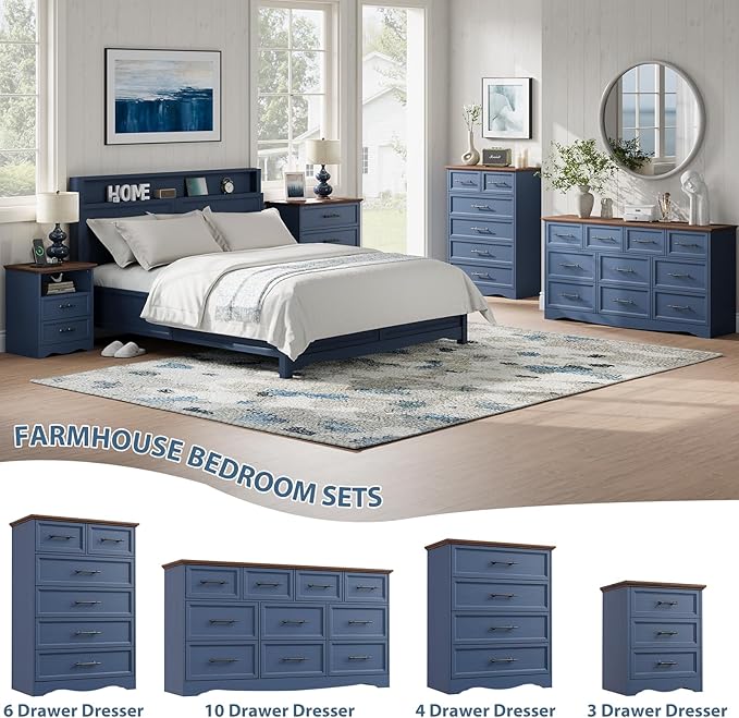 19.7" Nightstand with Charging Station, Farmhouse End Table with 2 Drawers Storage, Blue Wooden Night Stand, Bed Side Table with Open Shelf, Bedside Cabinet for Bedroom, Living Room