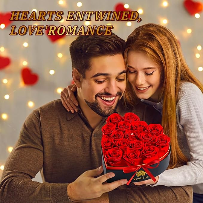 Forever Red Roses in a Heart Shaped Box 16 Preserved Flowers for Delivery 100% Real Quality Immortal Flower Eternal Birthday Graduation Gifts Home Deco for Her Mom Women Wife Girlfriend (Heart-Red)
