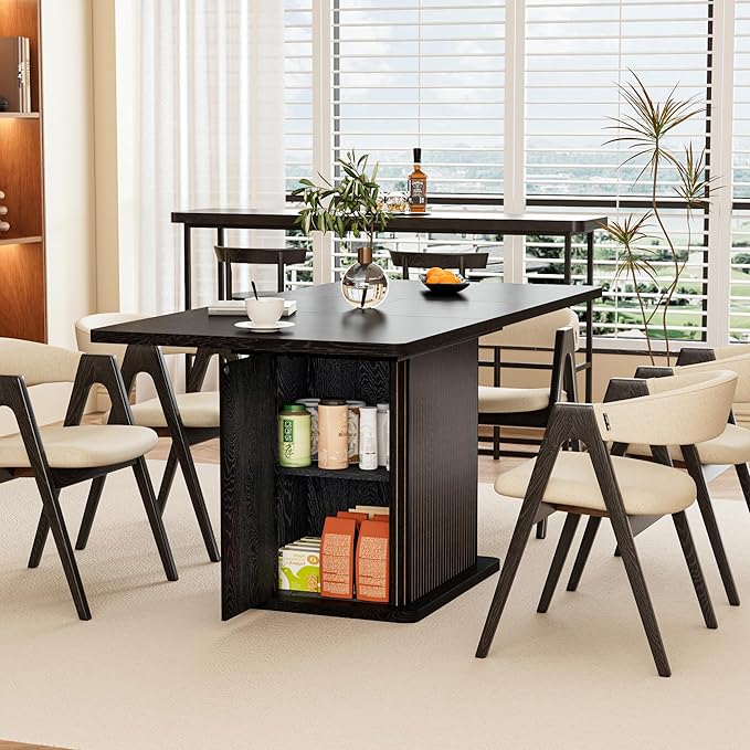 Extendable Black Kitchen Dining Table for 4-6, 47-65 Inch Rectangle Dining Room Table with 2 Doors, Large Storage, Wood Fluted Mid Century Modern Furniture for Dinner, Living Room, Space Saving
