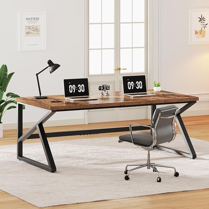 IBF 70 Inch Rustic Brown Desk, Industrial Large Metal Wood Double Computer Desk, Long Home Office Desks Table for 2 People Executive Work Writing Study Gaming, Farmhouse Big Two Person Desk in Bedroom