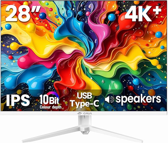 CRUA 28 Inch White Monitor, 4K UHD+ 3840×2560 IPS 60Hz Computer Monitors, 15:10 Aspect Ratio, 120% sRGB 10-Bit Color, Support FreeSync, Built-in Speakers, USB Type-C, HDMI 2.0 & DP 1.4, Wall Mountable