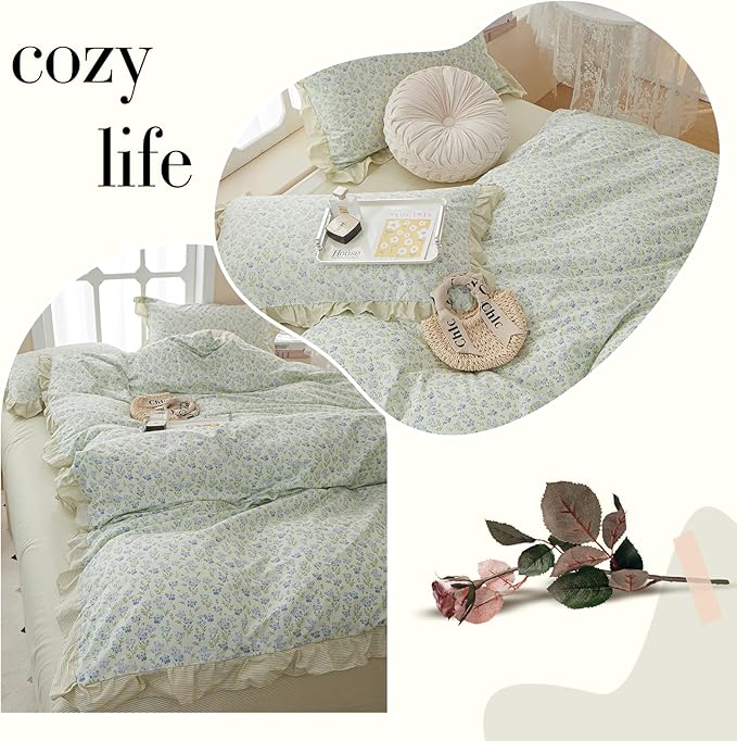 Ruffle Duvet Cover Queen Garden Style Lace Duvet Cover Soft Cotton Vintage Floral Blue Flower Bedding Set Romantic Ruffle Comforter Cover Princess Lace Bedding Botanical Comforter Cover Queen Size