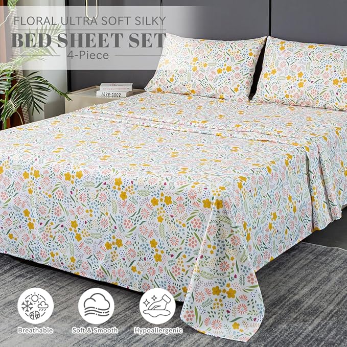 Bedlifes Queen Sheet Set Ultra Soft, Breathable, Silky Flower Deep Pocket 100% Microfiber Bedding, 4 Piece Queen Size Floral