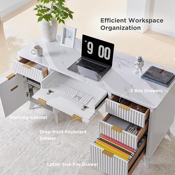 T4TREAM Fluted Executive Desk with Drawers, 60" Modern Home Office Computer Desk with Charging Station, File Cabinet, Keyboard Tray and Storage Cabinet for Study, Living Room, Bedroom, Solid White