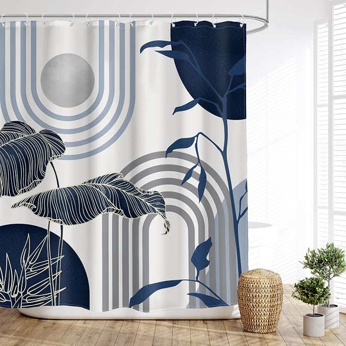 Glawry Mid Century Abstract Shower Curtain Blue Grey Boho Palm Tree Leaf Sun Arch Minimalist Geometric Bathroom Modern Aesthetic 60Wx72L Inches Bath Accessories Art Home Decor Fabric 12 Pack Hook