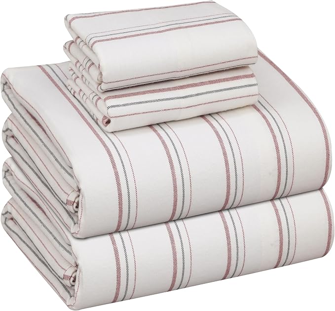 RUVANTI Flannel Sheets Queen Size - 100% Cotton Double Brushed Bed Sheets, Deep Pockets 16 Inches Queen Sheet Set, All Seasons Breathable & Extra Soft - Warm & Cozy, 4 Piece, Twill Stripe