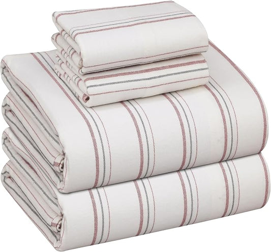 RUVANTI Flannel Sheets Queen Size - 100% Cotton Double Brushed Bed Sheets, Deep Pockets 16 Inches Queen Sheet Set, All Seasons Breathable & Extra Soft - Warm & Cozy, 4 Piece, Twill Stripe
