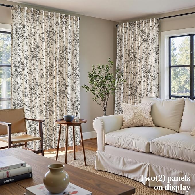 jinchan Linen Floral Curtains 100 Inch Extra Wide for Patio Sliding Glass Door Room Divider Curtain for Living Room 108 Inch Length Farmhouse Peony Black Printed Curtain Set 1 Panel