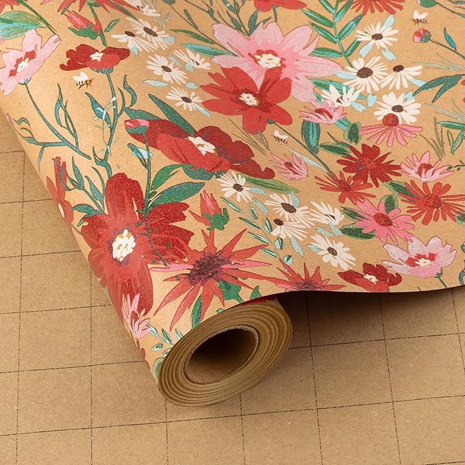 Burymento Kraft Daisy Flowers Wrapping Paper, Cut Auxiliary Line Design Gift Wrap for Baby Shower, Birthday, Valentines, Mothers day, Graduation, Wedding, Fathers day, Christmas (17 Inch X 32.8 Feet)