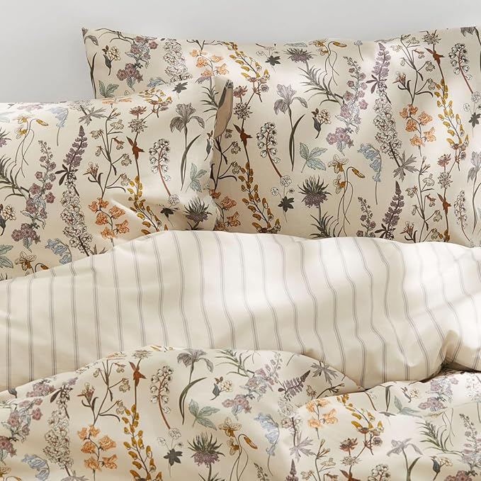 Nayoroom Beige Floral Duvet Cover Queen Size Vintage Floral Duvet Cover Spring Botanical Flowers Printed Cottagecore Bedding Set 3 Pieces Soft Lightweight Microfiber Pastoral Aesthetic Bedding Sets