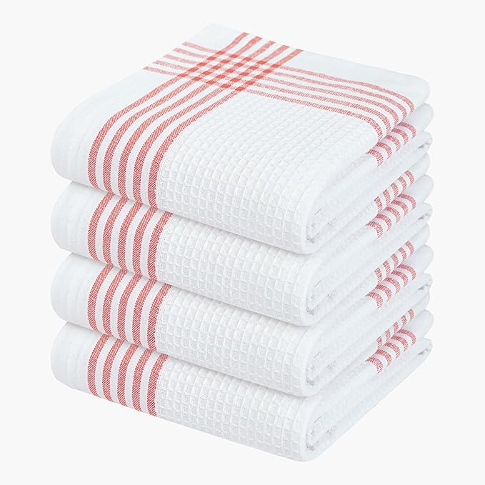 Waffle White & Red Kitchen Dish Towels, Set of 4, 100% Cotton 16x26 inches, Absorbent Tea Towel, Multi-Purpose Hand Cleaning Towel, Strong and Reusable Dish Cloths for Drying Dishes