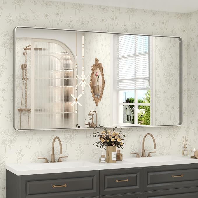 60x28 Silver Bathroom Mirror for Wall, Silver Brushed Framed Bathroom Vanity Mirror, Rectangle Bathroom Nickel Mirror, Anti-Rust, Shatterproof (Horizontal/Vertical)