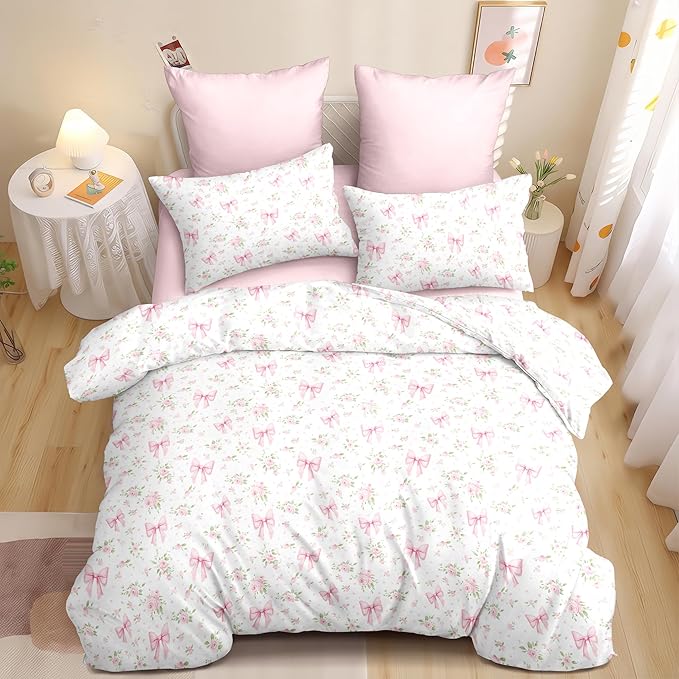 Nayoroom Pink Bow Duvet Cover Queen Size White Green Leaf Floral Duvet Cover Girls Cute Coquette Bedding Set 3 Pieces Soft Lightweight Spring Cottage Core Bedding Gifts for Women
