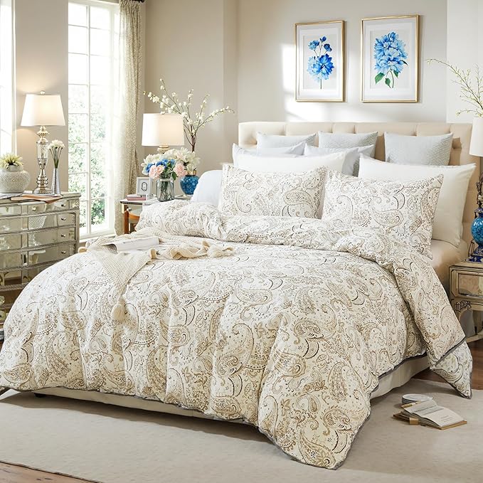 100% Cotton Duvet Cover King Size- 3 Pcs Grey Paisley Comforter Cover, Soft & Breathable Floral Bedding Duvet Cover Sets with Zipper Closure for All Season