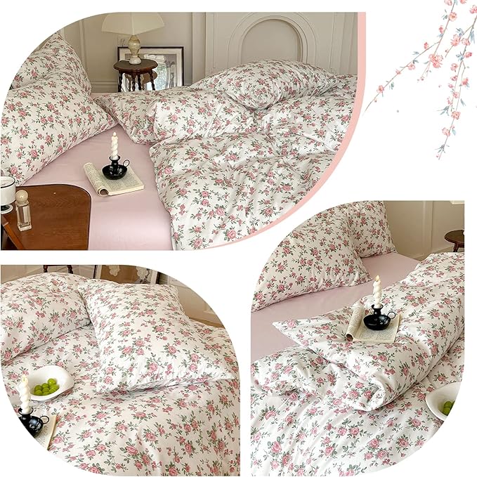 Pink Floral Duvet Cover Queen Soft Cotton Girls Cottagecore Bedding Set Botanical Peach Flower Comforter Cover with Zipper Closure Vintage Country Bedding Aesthetic Duvet Cover with 2 Pillowcases