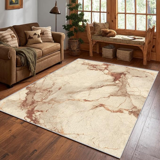 Beige Marble Abstract Area Rug, Vintage Stone Pattern Carpet, Washable Non Slip Low Pile Soft Thin, Living Room Bedroom Home Decor Mat 3x4ft(Small)